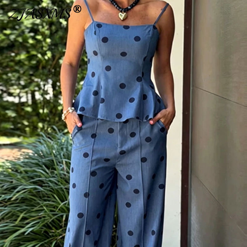 Suspender Tank Top - Setelan Dua Potong Chambray Motif Polkadot