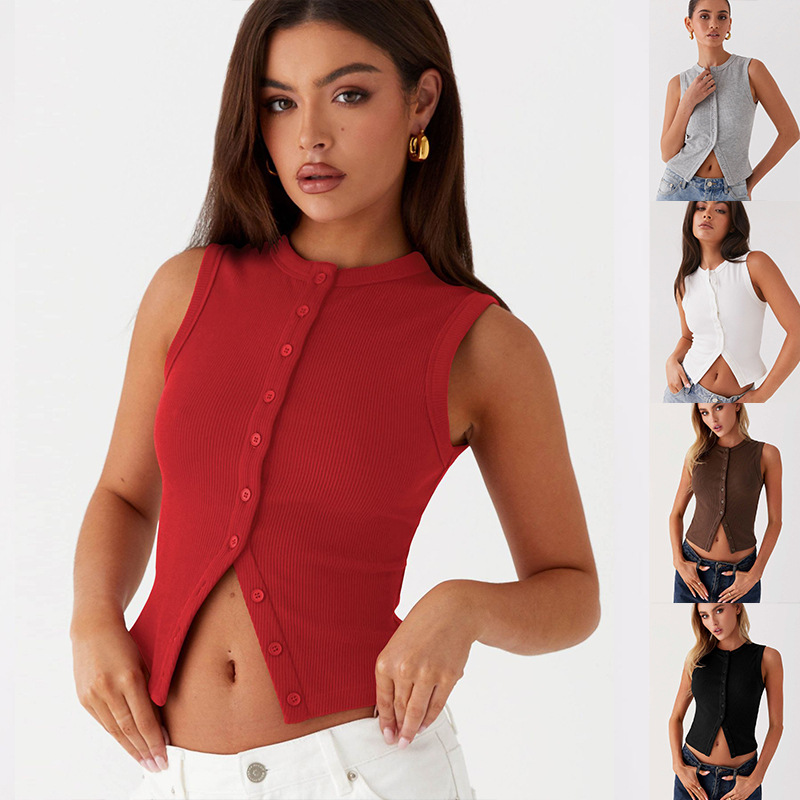 Tank Top Ribbed - Tank Top Bergaris Kancing Crop Top