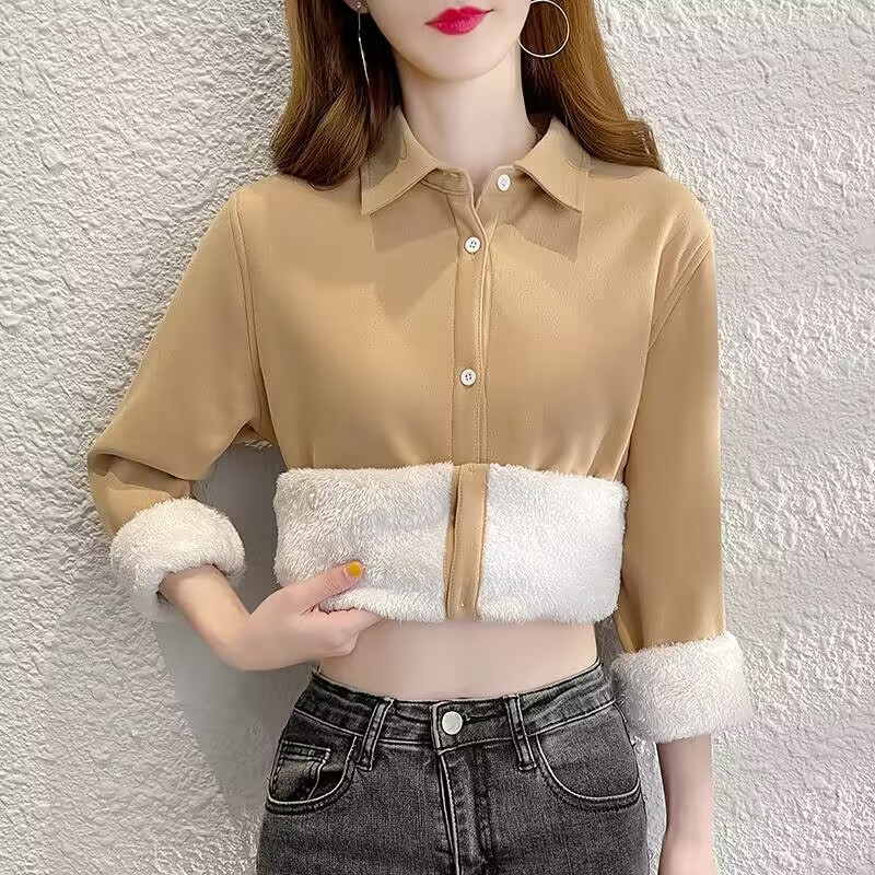 Thermal Long John - Kemeja polos wanita hangat tebal Velvet,