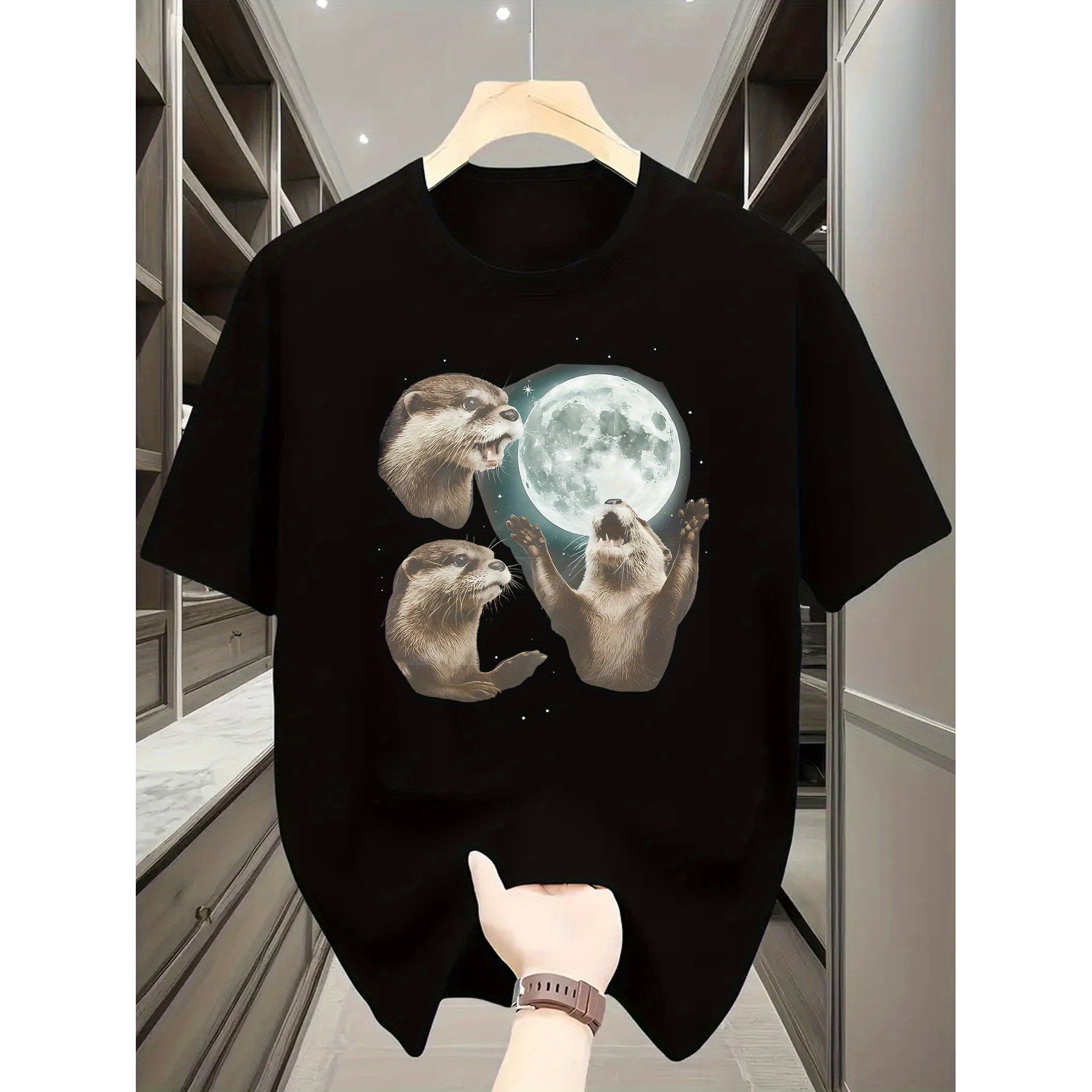 Undershirt Crew Neck - Kaos Grafis Playful Otters Under Moonlight