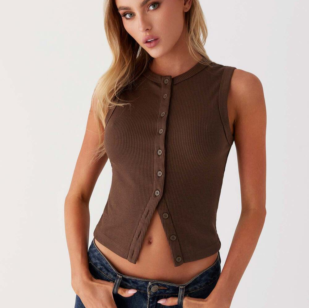 Tank Top Bergaris Kancing Crop - Tank Top Ribbed ulasan dan harga