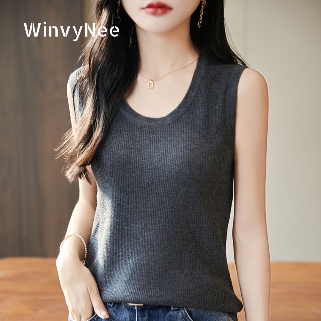 WinvyNee Wanita Deep Crew Neck - Tank Top Ribbed ulasan dan harga